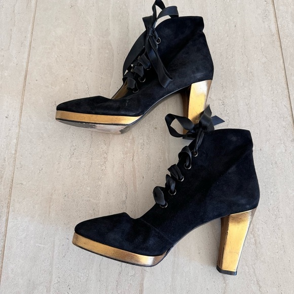 Vintage 90s Yves Saint Laurent Black Suede Heels Lace Up Size 39 US 8 / 8.5 - Picture 13 of 15